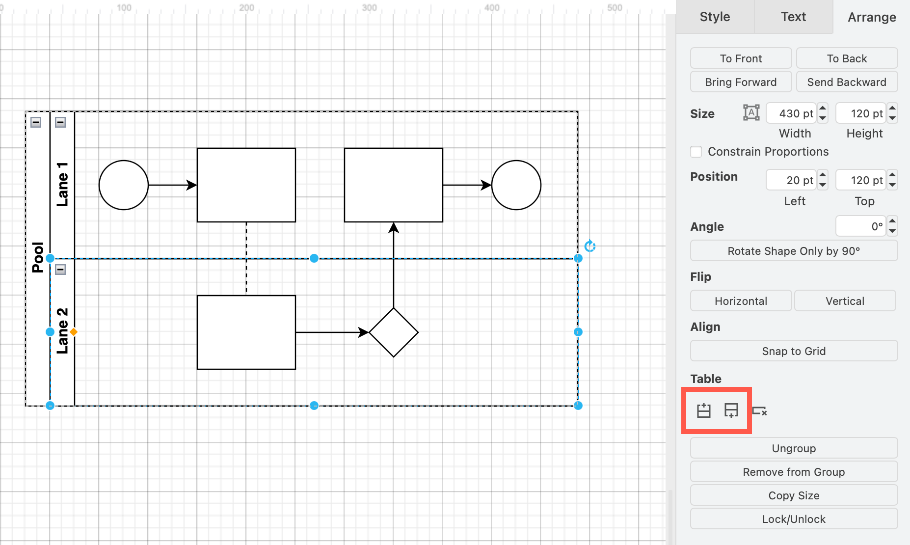 Select a swimlane then select Insert Row in the Table section of the Arrange tab of the format panel to insert a new swimlane above or below your selection
