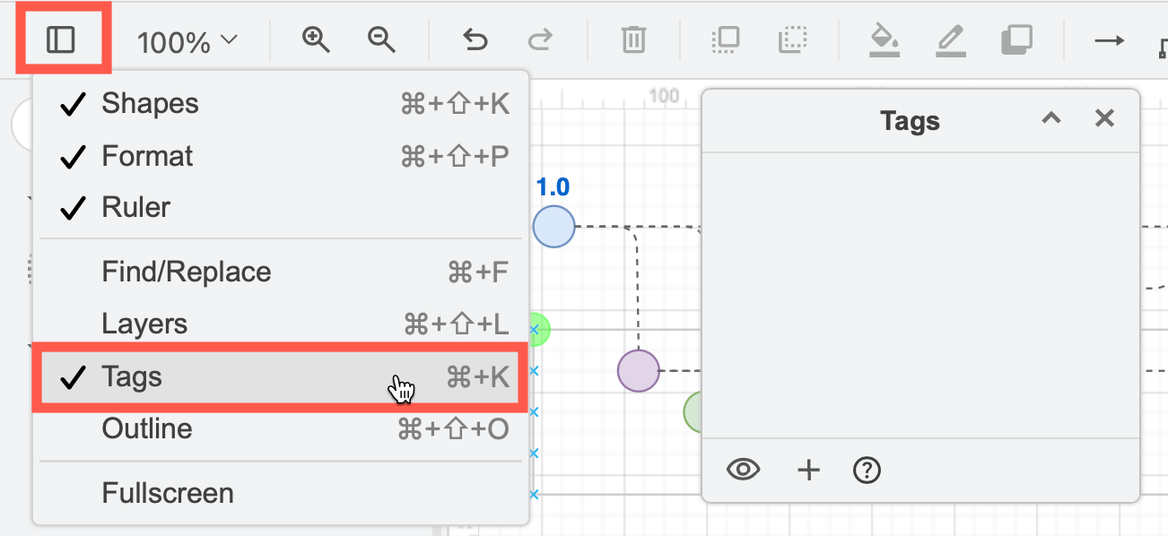 Click on the panels tool in the toolbar and enable the Tags dialog