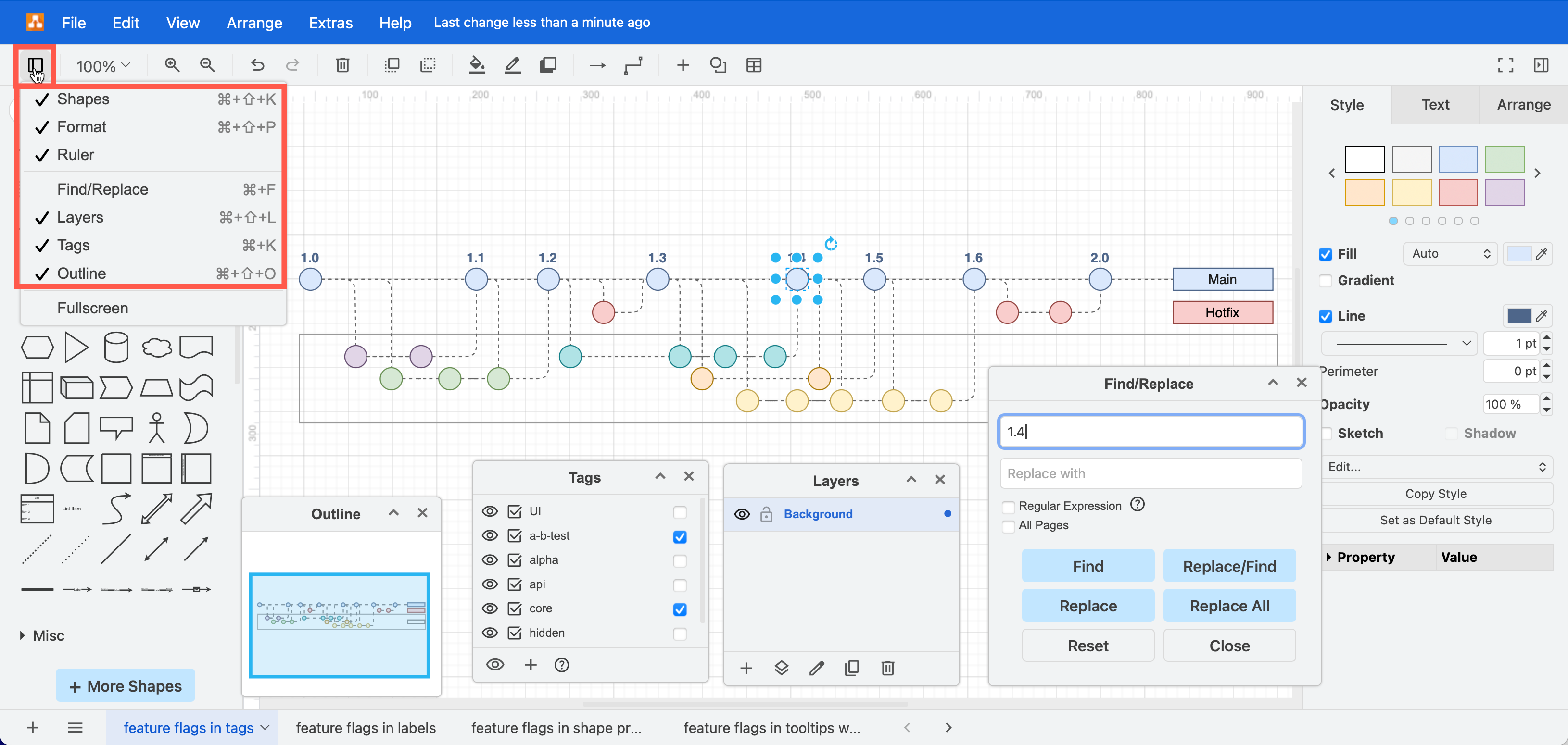 Use the View tool in the toolbar to display or hide tool dialogs using the Atlas theme in draw.io