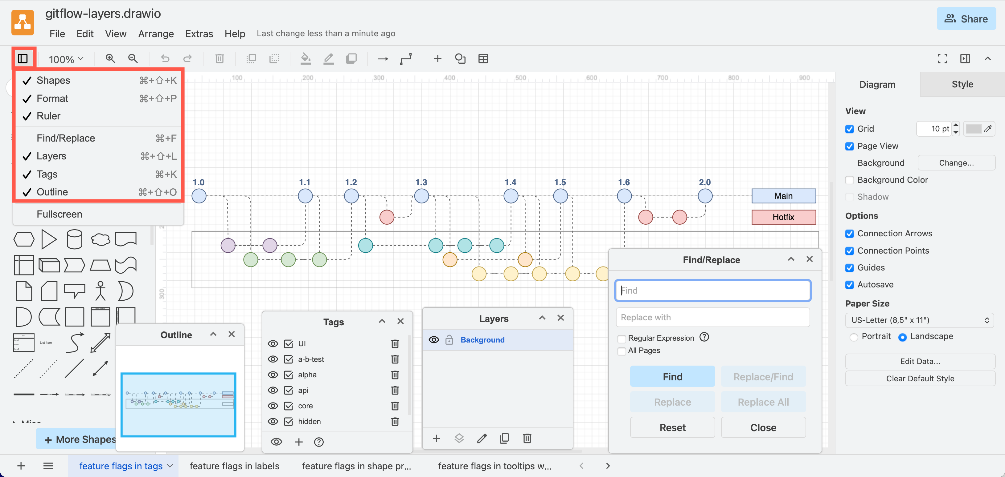 Use the View tool in the toolbar to display or hide tool dialogs using the classic mode in draw.io