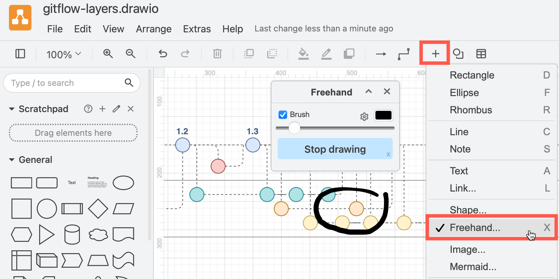 Open the Freehand drawing tool via Arrange /> Insert > Freehand, or via the + in the toolbar