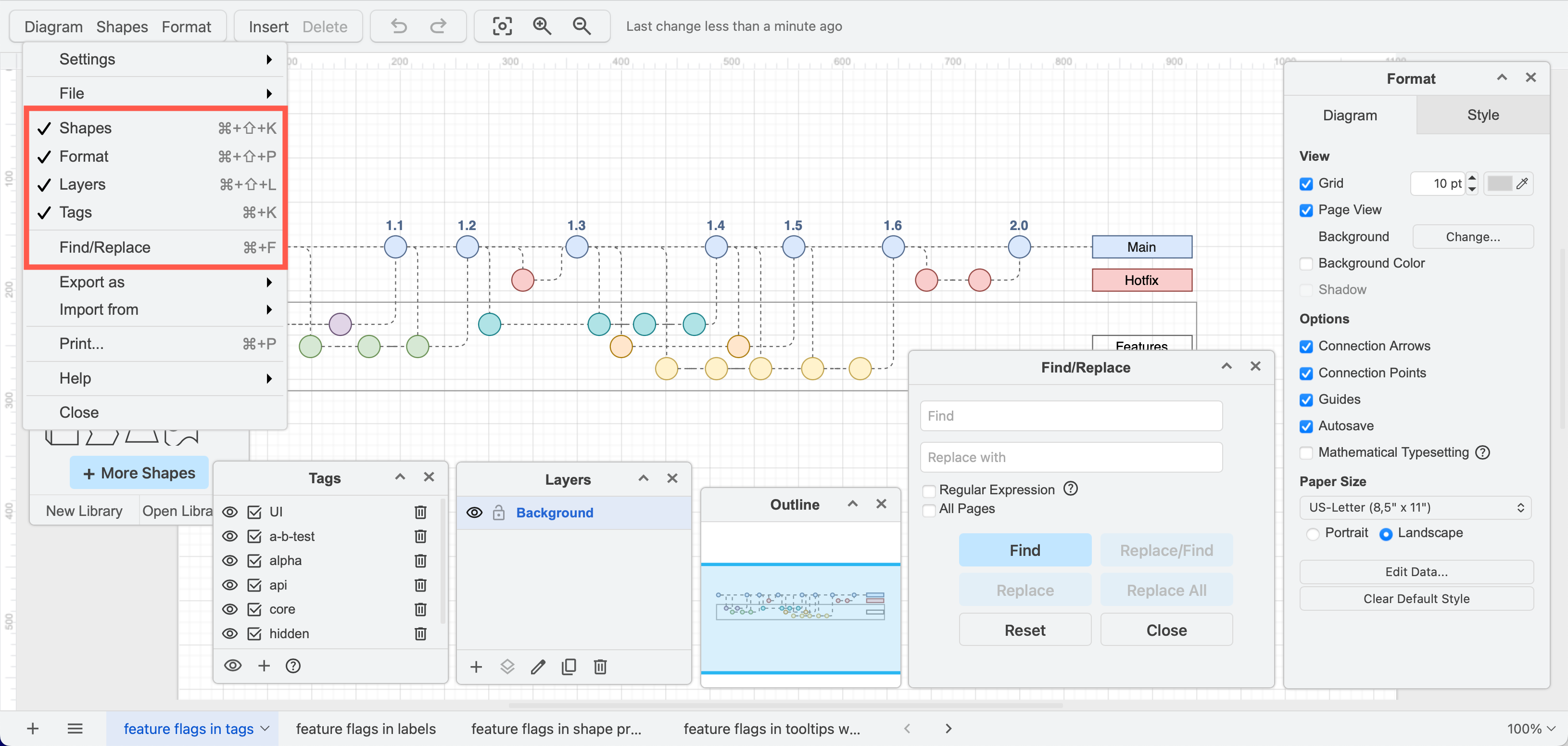 Use the View tool in the toolbar to display or hide tool dialogs using the Minimal editor theme in draw.io