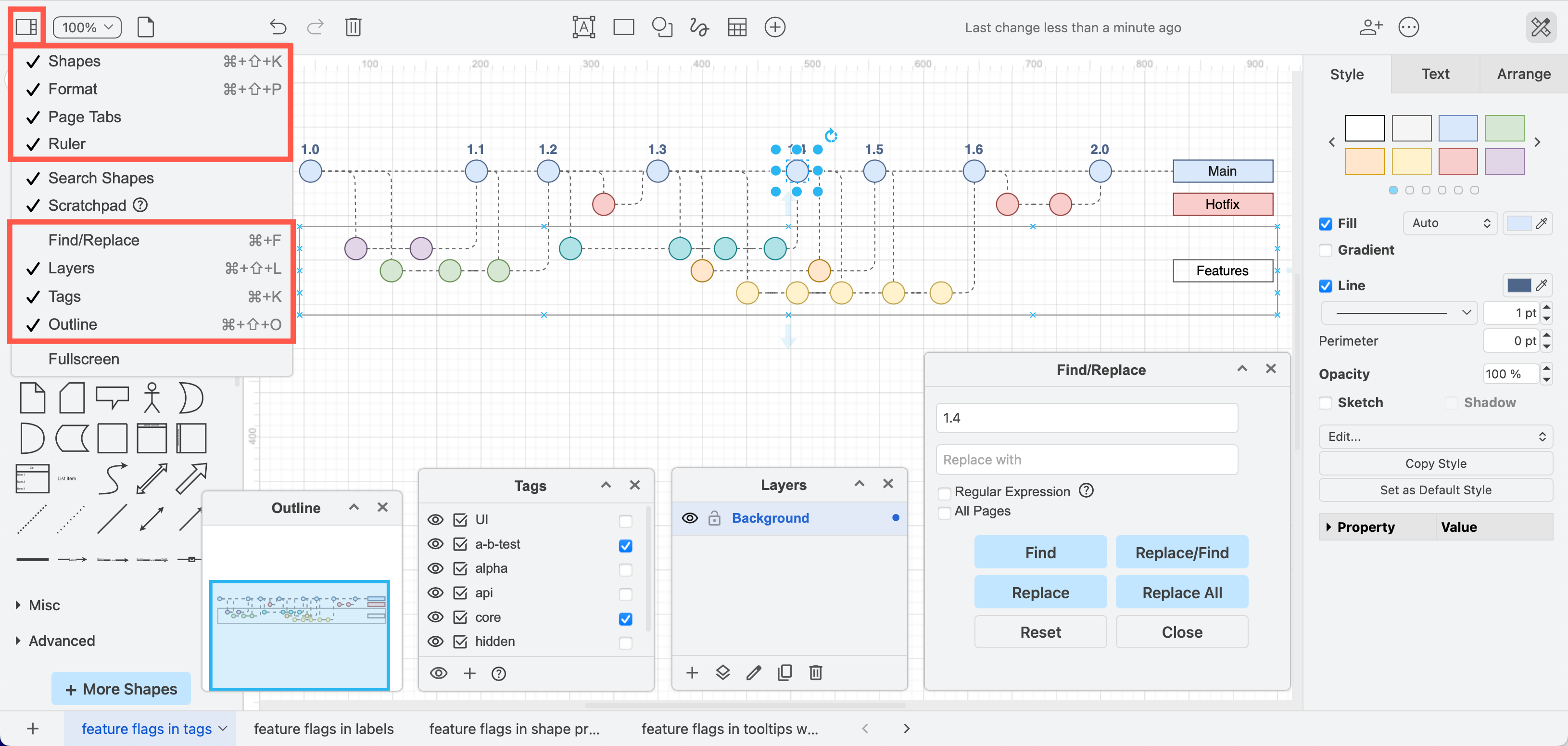 Use the View tool in the toolbar to display or hide tool dialogs using the simple mode in draw.io